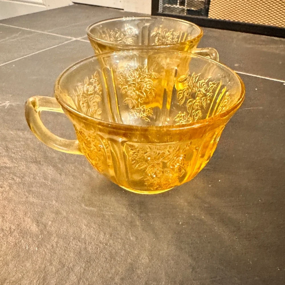 Antique Amber Depression Glass Tea Cups Embossed Floral Pattern Set of 2 Vintage
